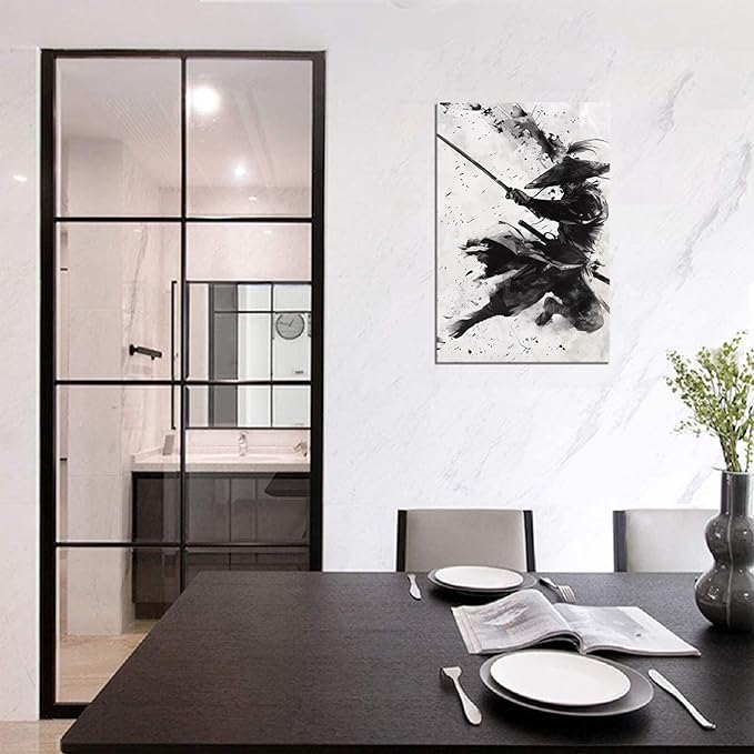 Japanese Samurai Wall Art Samurai Figure Sword Warrior Wall Posters Black and White Combat Picture Modern Watercolor Painting for Living Room Office Japan Themed Dorm Man Cave Decor (28''W x 44''H)