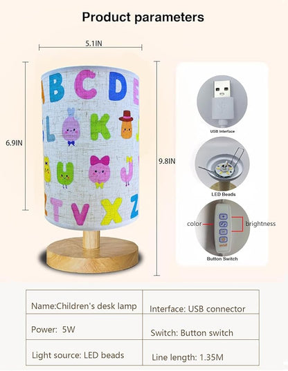 Kids Lamps for Bedrooms Girls, Cartoon Alphabet Table Lamp 3 Color Changing LED Night Light with 9 Brightness Levels Wood Nightstand Desk Base Flaxen Fabric Shade for Bedroom Living Room