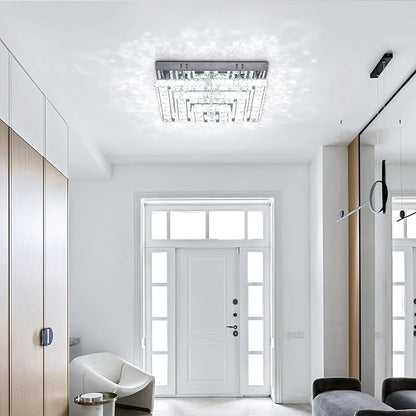 11.8" Crystal Chandelier LED Crystal Flush Mount Ceiling Light Modern Chandeliers Square Ceiling Light for Bedrooms Hallway Kitchen Office (6500K Cool White) Without Remote Control