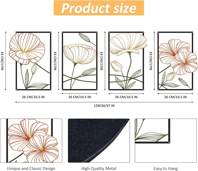 ESTART 4 Pieces Metal Lotus Wall Decor Abstract Floral Aesthetic Splicing Line Art Minimalist Wall Art for Bedroom Flowers Hanging Wall Sculpture for Bathroom Living Room Kitchen Yoga Room (Colorful)
