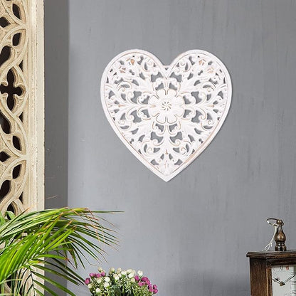 Wooden Wall Decor, Floral Hollow Carved Wall Panel Hanging Decor Rustic Art Sculpture Decorative Carved Floral-Patterned Distressed White MDF Wall Panel for Hallway Bedroom Cafe Office (Heart)