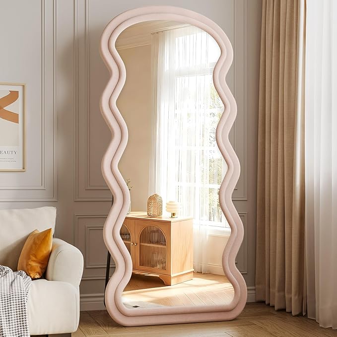 Wavy Full Length Mirror, 71"x32" Flannel Mirrors Full Length with Stand, Full Boby Mirrors for Bedroom, Living Room, Cloakroom, Hanging Leaning Wall Mirror, Pink