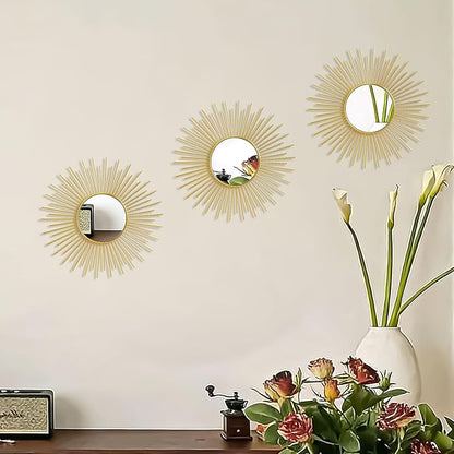 3 Pack Metal Mirrors for Wall Sunburst Wall Mirrors Home Décor Decorative Hanging Wall Art for Living Room Bedroom Entryway (Gold2, Sunburst)