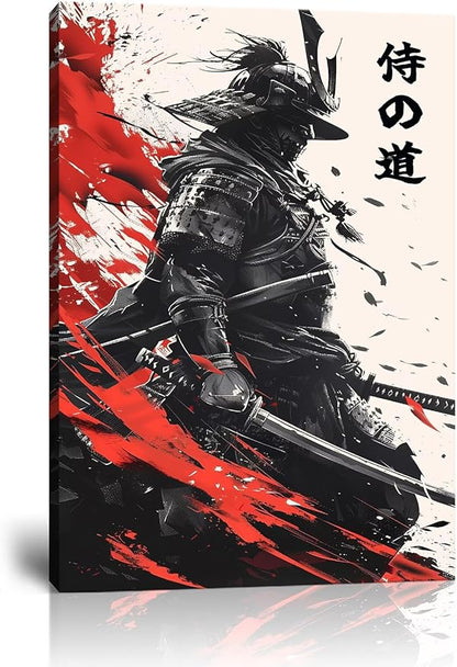 Japanese Bushido Wall Art Samurai Warrior Pictures Wall Decor Canvas Prints Armored Samurai Painting Poster Artwork Modern Home Decor Framed for Bedroom Living Room Office (12''W x 16''H)