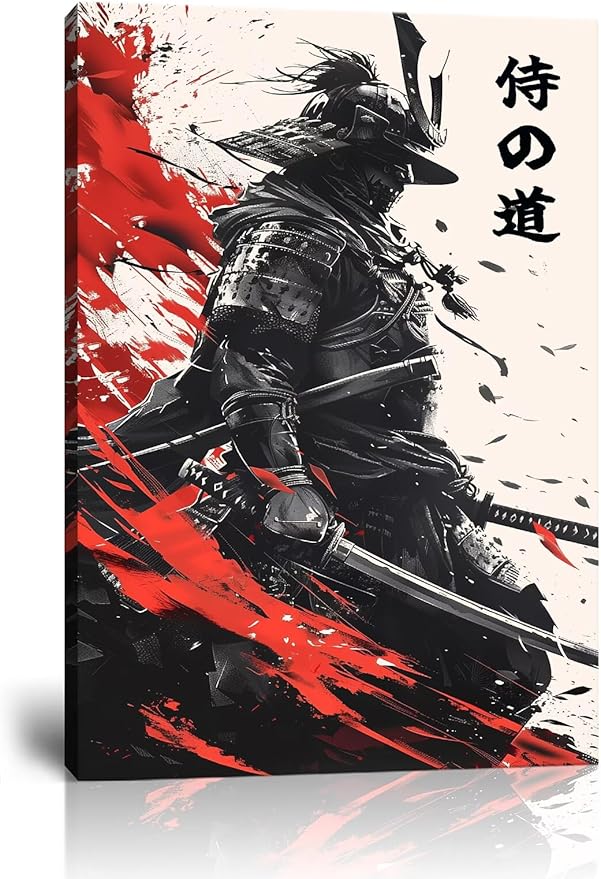 Japanese Bushido Wall Art Samurai Warrior Pictures Wall Decor Canvas Prints Armored Samurai Painting Poster Artwork Modern Home Decor Framed for Bedroom Living Room Office (28''W x 44''H)