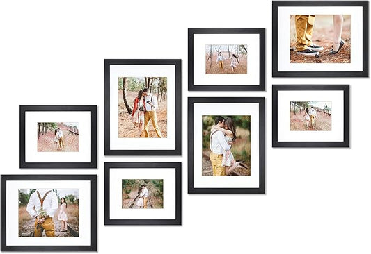VELISTA 8 Piece Stair Picture Frame Set for Wall Collage - Stairwell Gallery Wall Frame Set - Stairway Décor - Ladder Photo Frames with Mat for 5x7 and 8x10 in – Staircase Wall Décor (Black)
