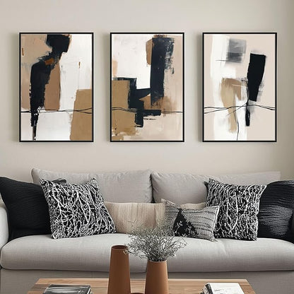 SAFERRYHOME Neutral Abstract Black and Tan Brown Wall Art Framed Canvas Prints, Mid-Century Minimalist Modern Decor Large Artwork for Living Room, Home Office, Dining Room - 3 Panels 24x36 Inch