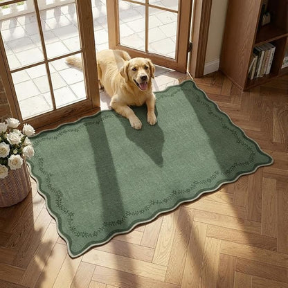 GarveeHome Scalloped Entryway Rug, 2x3 Solid Green Washable Front Door Rug Indoor Entrance Floral Carpet Non-Slip Low Pile Throw Rugs for Kitchen Floor, Powder Room, Entry, Bathroom, Kids Room