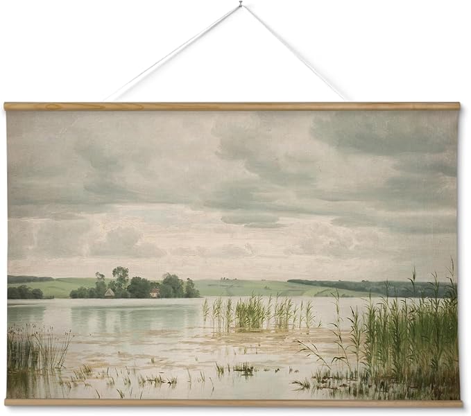 InSimSea 36x54 Extra Large Canvas Scroll Wall Art, Vintage Lake and Green Grass Landscape Oil Painting, Oversized Farmhouse Artwork for Living Room, Bedroom, Dining Room, Office
