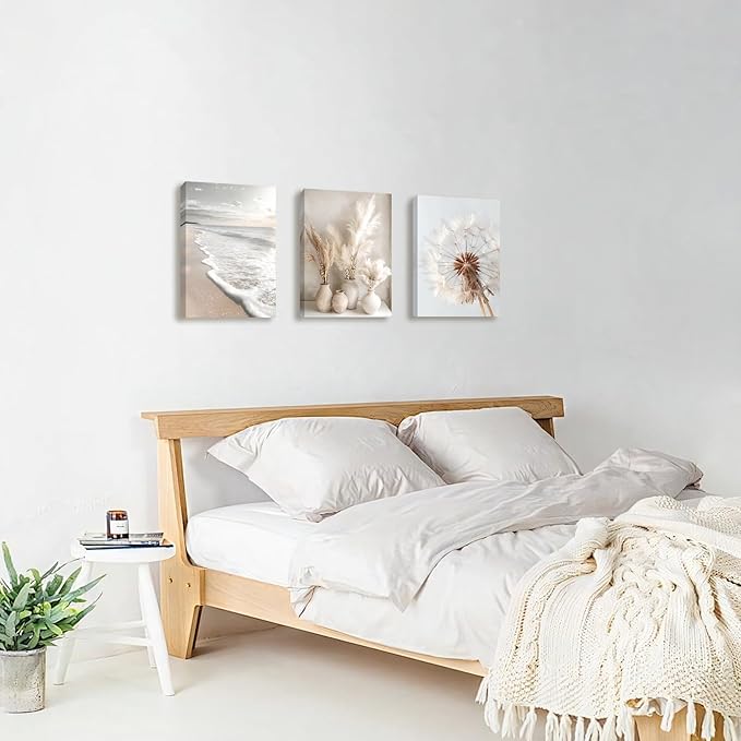 3 Pcs Beach Coastal Sunset Wall Art for Living Room, Modern Beige Dandelion Reeds Botanical Wall Pictures Aesthetic Nature Landscape Wall Painting Art Prints for Bedroom Office Home Decor 12"x16"x3Pcs