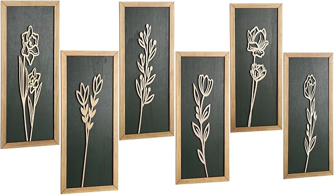 Wesiti 6 Pcs Boho Wall Art Wooden Floral Wall Decor Minimalist Botanical Print Art Decor for Rustic Vintage Farmhouse Home Living Room Bedroom Bathroom Kitchen Decoration, 15.75 x 6.69 Inch (Green)