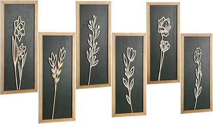 Wesiti 6 Pcs Boho Wall Art Wooden Floral Wall Decor Minimalist Botanical Print Art Decor for Rustic Vintage Farmhouse Home Living Room Bedroom Bathroom Kitchen Decoration, 15.75 x 6.69 Inch (Green)