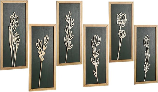 Wesiti 6 Pcs Boho Wall Art Wooden Floral Wall Decor Minimalist Botanical Print Art Decor for Rustic Vintage Farmhouse Home Living Room Bedroom Bathroom Kitchen Decoration, 15.75 x 6.69 Inch (Green)