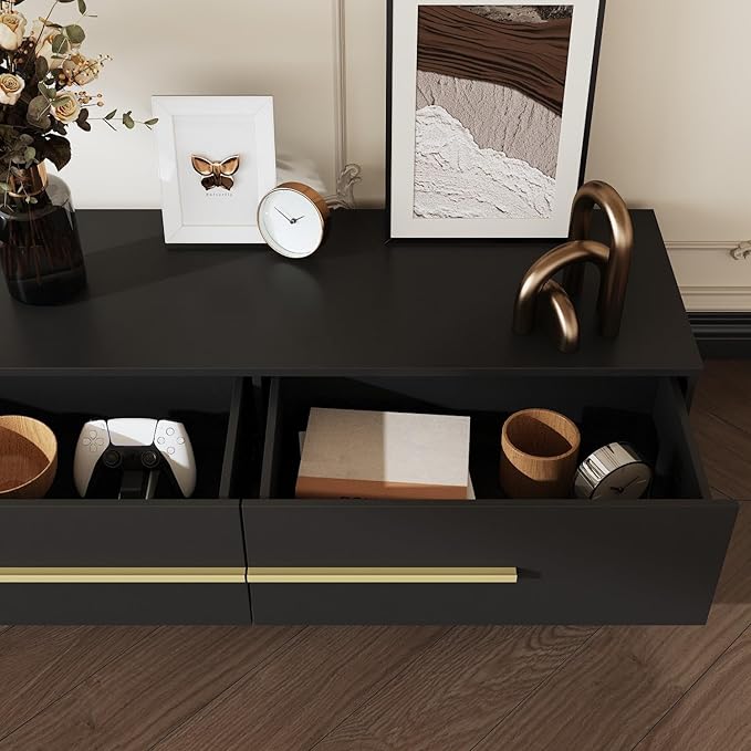 Modern TV Console Extendable Media Console, Adjustable Length, Contemporary Entertainment Center with Drawers and Legs, for Living Room Black and Gold (95”-133.9”W x 15.2”D x 13.1”H)