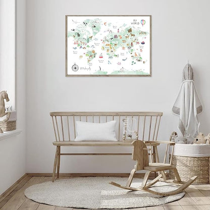 Green Kids World Map Wall Art Animal Map Canvas Wall Art Nursery Wall Decor World Map Poster Childrens Room Decor Playroom Prints Educational Artwork 16x24 Inch Unframed
