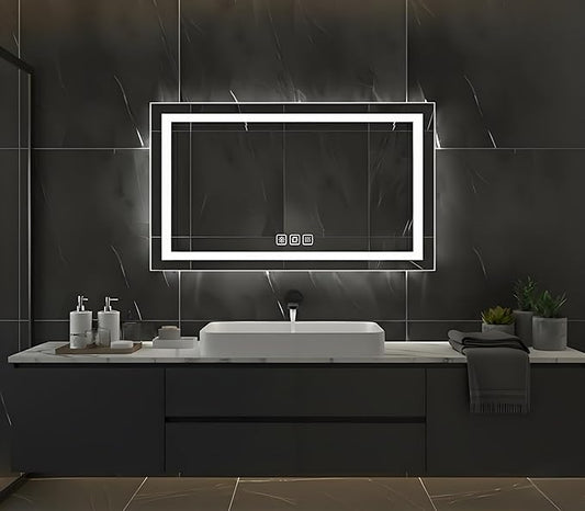 40 * 24inches Rectangle LED Mirror, Smart Bathroom Mirror with Lights, Anti-Fog, Tempered Glass, 3 Colors Dimmable, Front and Backlit, CRI 90+, Wall Mounted, Memory