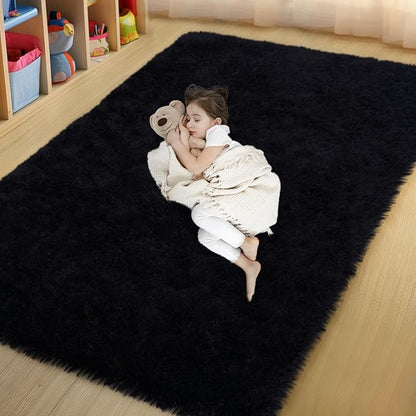 qulint Black Area Rug for Living Room, 4x6 Fluffy Rug for Bedroom Soft Shag Small Carpet for Nursery, Fuzzy Plush Shaggy Alfombras for Boys and Girls Dorm Kid Room Modern Home Decor (4ft x 6ft, Black)