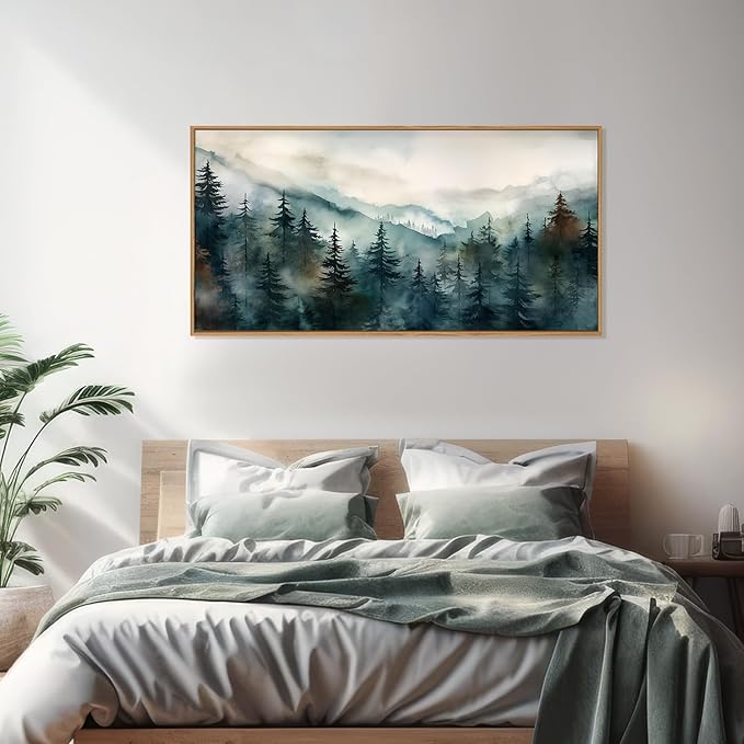KAIRNE Watercolor Misty Forest Framed Canvas Wall Art Set, Nature Landscape Wall Decor, Foggy Mountain Pine Trees Wall Painting, Jungle Scenery Artwork for Living Room, Bedroom, Office-40 x20 x1