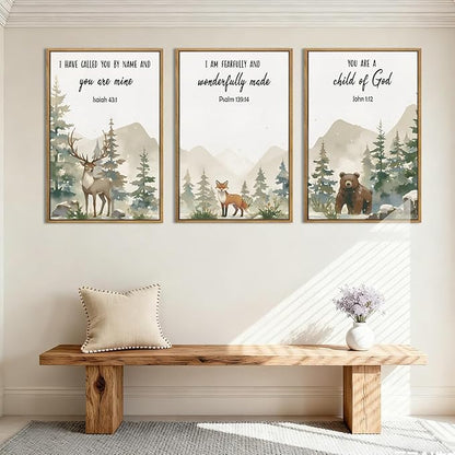 HPNIUB Woodland Animal Christian Framed Wall Art Set,Bible Verse Quote Wall Decor,Nature Forest Religious Art Print,Misty Forest Deer Bear Fox Artwork for Nursery,Kids Bedroom,Study Room-24"x36"x3