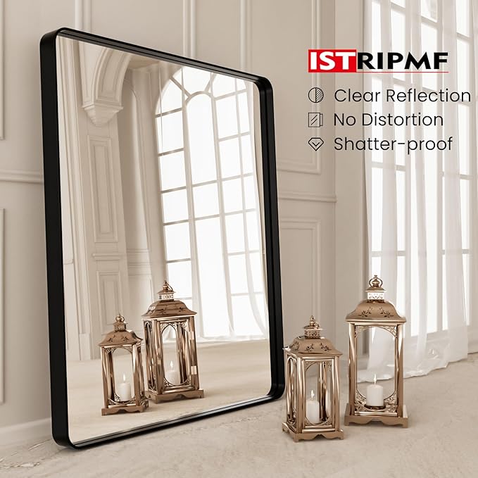 Black Metal Framed Bathroom Mirror for Wall,24X28 Rounded Rectangle Mirror, Matte Black Bathroom Vanity Mirror Farmhouse, Anti-Rust, Tempered Glass, Hangs Horizontally or Vertically
