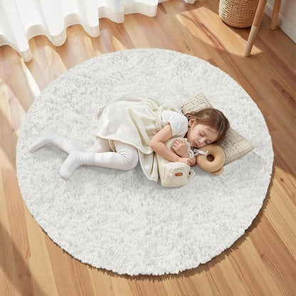 White Round Fluffy Rug 5ft,Soft Bedroom Circle Rugs Mats for Kids Girls Nursery Room,Washable Plush Shaggy Indoor Non Slip Rug for Bedside Living Room Bedroom Circular Carpet,Home Decor Aesthetic