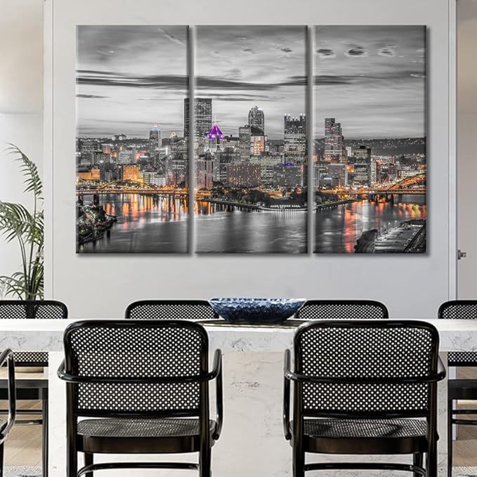 TUMOVO Pittsburgh City Skyline Home Decor Art Prints American Cityscape Pictures Bathroom Decor Wall Art 3 Panel Pittsburgh Skyscrapers Nighttime Lightscape Wall Art Framed Ready to Hang (60" Wx40 H)