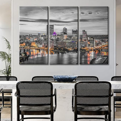 TUMOVO Pittsburgh City Skyline Home Decor Art Prints American Cityscape Pictures Bathroom Decor Wall Art 3 Panel Pittsburgh Skyscrapers Nighttime Lightscape Wall Art Framed Ready to Hang (60" Wx40 H)