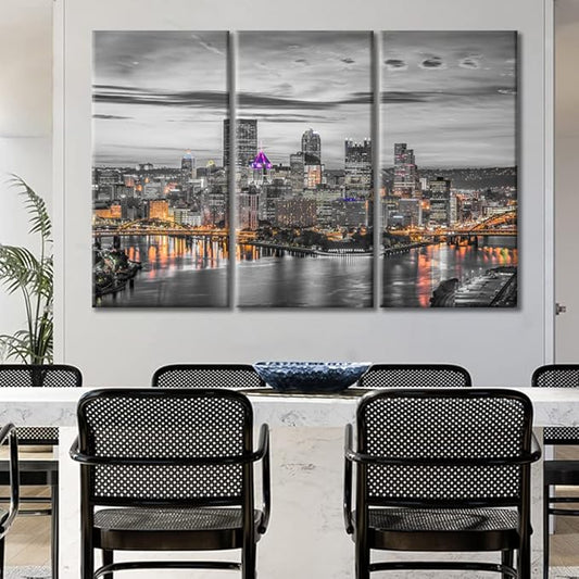TUMOVO Pittsburgh City Skyline Home Decor Art Prints American Cityscape Pictures Bathroom Decor Wall Art 3 Panel Pittsburgh Skyscrapers Nighttime Lightscape Wall Art Framed Ready to Hang (60" Wx40 H)