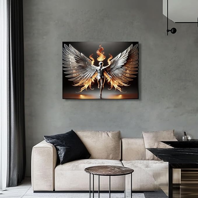 3D Metal Angel Wall Art Mural Futurism Poster Cybernetics Wing Warriors Canvas Printed Images Science Fiction Robot Artwork with Wings of Fire Modern Fantasy Gallery Decoration, Living Room Bedroom Office Manhole 16x24 inches