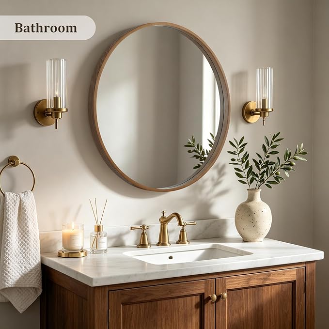 HOMECOOKIN Round Wood Mirror 24 inch Circle Mirror, Rustic Farmhouse Wooden Framed Decorative Wall Decor, Vanity Wall Mirror for Bathroom, Bedroom, Entryway, Living Room (Walnut)