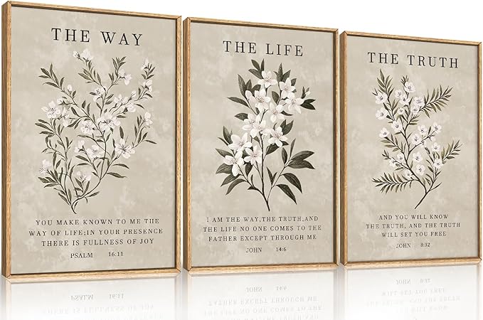 Vintage The Way The Truth The Life Framed Canvas Wall Art Set,Boho Floral Christian Scripture Wall Decor,Religious Botanical Psalm Verse Artwork for Living Room,Bedroom,Prayer Room-16"x24"x3