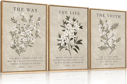 DRACIT Vintage The Way The Truth The Life Framed Canvas Wall Art Set,Boho Floral Christian Scripture Wall Decor,Religious Botanical Psalm Verse Artwork for Living Room,Bedroom,Prayer Room-24"x36"x3