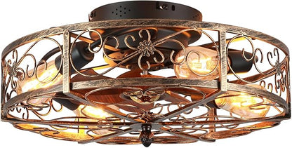 20'' Caged Ceiling Fan with Lights and Remote Control,Small Farmhouse Bladeless Low Profile Ceiling Fans Lights,Vintage Flush Mount Ceiling Light,Reversible Motor 6 Speeds for Bedroom,Living Room
