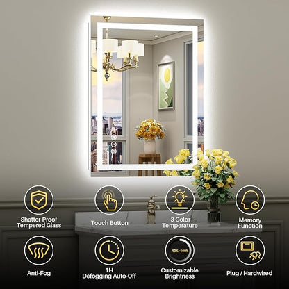 Briivue 36x32 Inch LED Bathroom Mirror with Lights, Backlit & Front Lit, Anti-Fog Lighted Bathroom Vanity Mirror for Wall, Memory Function, Dimmable, HD Tempered Glass, Shatter-Proof