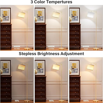 Ambimall 60" Gold Floor Lamp with Remote Control and Stepless Dimmable Bulb, Colors Temperature & Brightness Adjustable, Modern Floor Lamps for Living Room, Beige Shade & Gold Pole