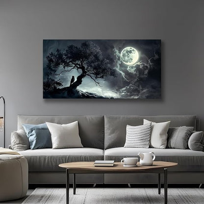 SERIMINO Large Wall Art for Living Room, Dark Landscape Canvas Prints Paintings, Moonlit Night Pictures Wall Decor Aesthetic, Moon and Tree Modern Home Decor Bedroom Bathroom Office Artwork 29"X57"
