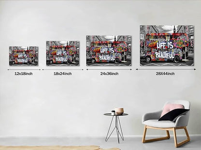 Graffiti Street Wall Art Banksy Painting Artwork Framed Life is Beautiful Wall Decor Canvas Prints Graffiti Picture for Living Room Office Bedroom Ready to Hang -44" Wx28 H