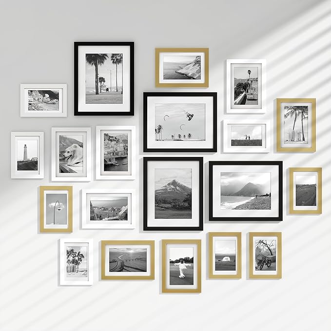 Venusmiles 20 Pack Picture Frames Collage Wall Decor, Gallery Frame Set for Wall Mounting or Tabletop Display, Multi Sizes Including 4pcs 8x10, 8pcs 5x7, 8pcs 4x6, Black+White+Gold