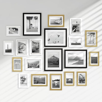 Venusmiles 20 Pack Picture Frames Collage Wall Decor, Gallery Frame Set for Wall Mounting or Tabletop Display, Multi Sizes Including 4pcs 8x10, 8pcs 5x7, 8pcs 4x6, Black+White+Gold