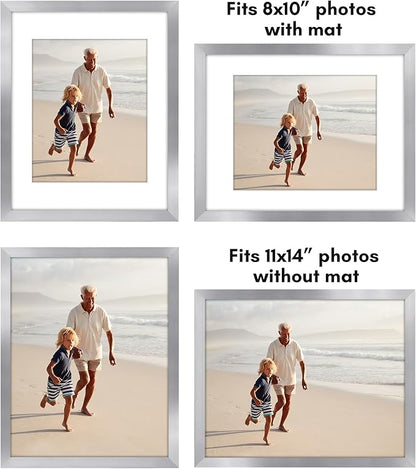 Americanflat 11x14 Picture Frame with Polished Plexiglass - Set of 5 - Use as 8x10 Frame with Mat or Display 11x14 Photo Without Mat - Galleria Collection - Picture Frames for Wall Display - Silver