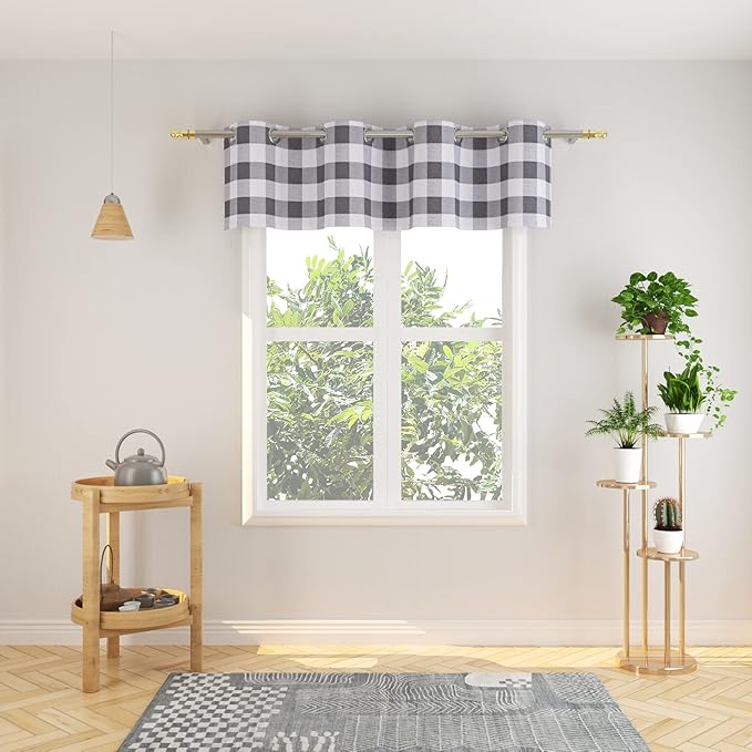 3 Pc Cotton Classic Country Farmhouse Kitchen Window Curtain Grommet Top -Grey & White Buffalo Check Tier & Valance Set, 54" x 18" / 32" x 24"