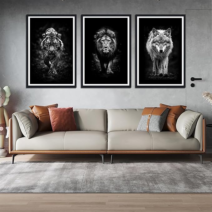 Tiger Lion Wolf Walking Framed Canvas Wall Art Ferocity Wildlife Animals Poster Wall Decor for Country Living Room Office Modern Black White Animal Artwork Decoration Easy to Hand 24x36inchx3pcs