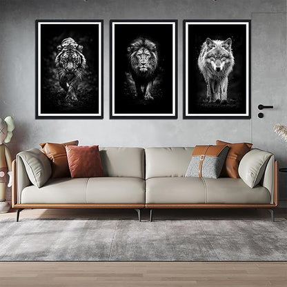 Tiger Lion Wolf Walking Framed Canvas Wall Art Ferocity Wildlife Animals Poster Wall Decor for Country Living Room Office Modern Black White Animal Artwork Decoration Easy to Hand 24x36inchx3pcs