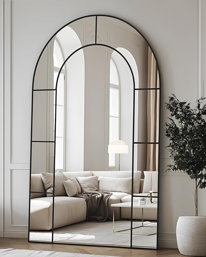 Antok 81" x 41" Full Length Mirror, Floor Mirror Arched Window Decorative Mirror, Metal Framed Decor Farmhouse Floor Mirrors Art Pane Mirrors Wall Decor for Bedroom, Living Room, Entryway Black