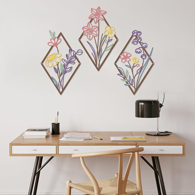 ShxTrade 3 Pcs Metal Flowers Wall Arts, Rustic Farmhouse Decor Minimalist Flower Wall Decors Natural Themed Home Decorations for Bathroom Kitchen Living Room Bedroom (Purple)