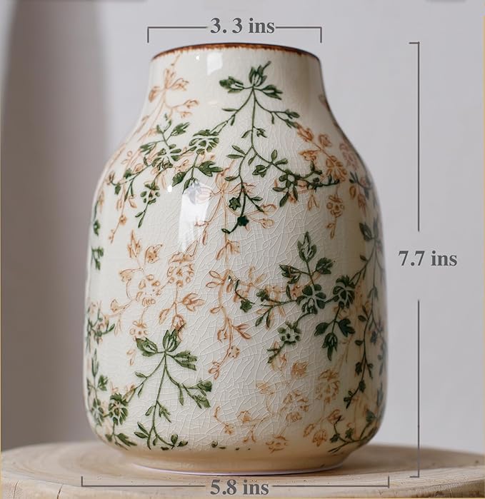 Vintage Green Ceramic Decorative Floral Vase for Flower Bouquet centerpieces Beige Ice Glazed Crack Farmhouse Rustic for Home Decor, Living Room, Shelf, Office, Table 7.7 Inches with Vine Pattern