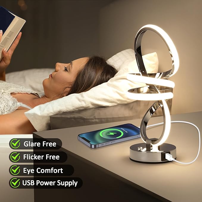 EIDISUNY RGB Spiral Table Lamp, Modern LED Table Lamp, Chrome Cool Bedside Lamps, 7 Colors & 10 Light Modes Touch Dimmable LED Nightstand Lamp with USB/Type C for Bedroom, Living Room,Silver