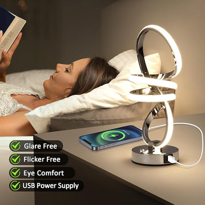 EIDISUNY RGB Spiral Table Lamp, Modern LED Table Lamp, Chrome Cool Bedside Lamps, 7 Colors & 10 Light Modes Touch Dimmable LED Nightstand Lamp with USB/Type C for Bedroom, Living Room,Silver