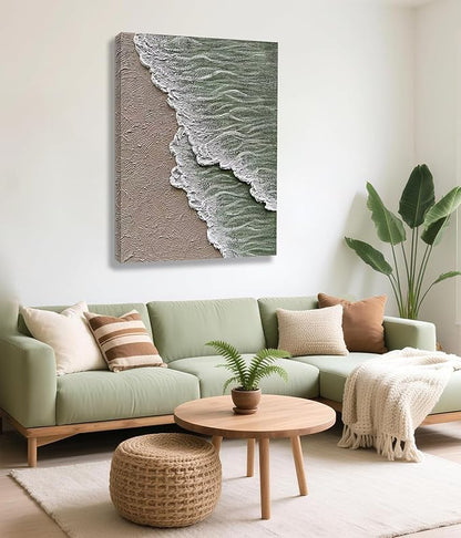 NANKAI Art Hand-painted white and green thick texture abstract oil painting Waves beach landscape oil painting home wall decoration art 40x28 Inches