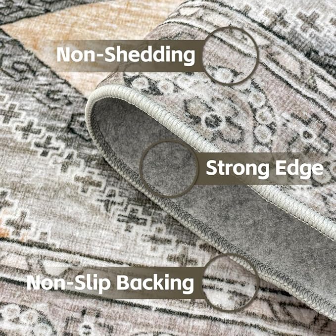 6x9 Area Rugs Light Brown Washable Rug for Living Room, Dining Room, Bedroom, Large Carpets, Non Slip & Non-Shedding Low Pile Vintage Print Rug for Home Office Decor